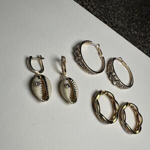 Pretty Rhinestone Hoop / Dangle Mix Pierced Earrings Lot Of 3 Gold Tone
